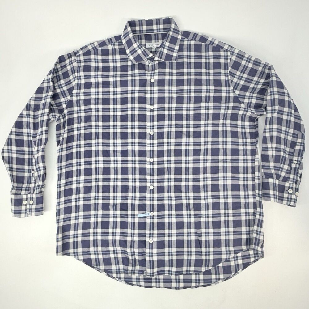 Peter Millar Sport Shirt Blue White Plaid 100% Cotton Shirt Men XL Long Sleeve